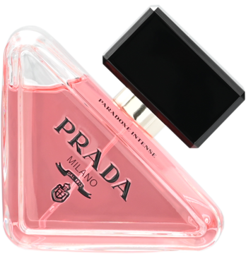 Damska woda perfumowana Prada Paradoxe Intense, różowa, w trójkątnej butelce, czarny korek obok, widok pod kątem.