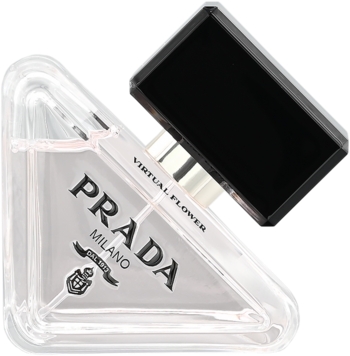 Przezroczysta, trójkątna butelka wody perfumowanej Prada Paradoxe Virtual Flower, widok pod kątem, otwarta czarna nakrętka.