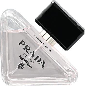 Damska woda perfumowana Prada Virtual Flower w trójkątnej szklanej butelce, z uchylonym czarnym korkiem, widok pod kątem.