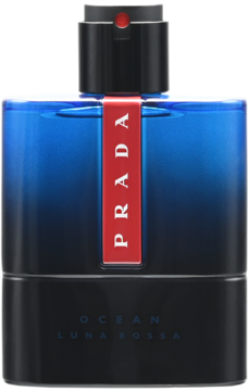 Prada Luna Rossa Ocean męska woda toaletowa, butelka w gradientowym kolorze niebiesko-czarnym z czerwonym paskiem PRADA, widok z przodu.