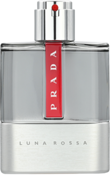Prada Luna Rossa męska woda toaletowa. Szklana butelka ze srebrną podstawą i wyraźnym czerwonym paskiem z logo PRADA.