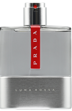 Prada Luna Rossa męska woda toaletowa. Srebrny, prostokątny flakon z czerwoną etykietą, widok z przodu.