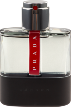 Prada Luna Rossa Carbon męska woda toaletowa. Prostokątna butelka, czarna podstawa, czerwona wstążka z logo. Widok z przodu.