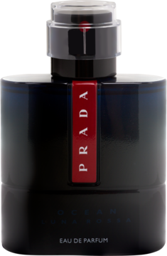 Prada Luna Rossa Ocean woda perfumowana, ciemna butelka z czerwonym paskiem PRADA, widok z przodu.