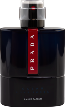 Prada Luna Rossa Ocean męska woda perfumowana o ambrowo-drzewnym zapachu, granatowa butelka, widok z przodu.