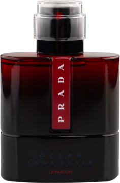 Prada Luna Rossa Ocean Le Parfum, męskie perfumy. Ciemnoczerwona butelka z czarną nakrętką, pionowe logo, widok z przodu.