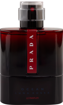 Męskie perfumy Prada Luna Rossa Ocean Le Parfum w ciemnoczerwonym, stopniowanym flakonie, widok z przodu.