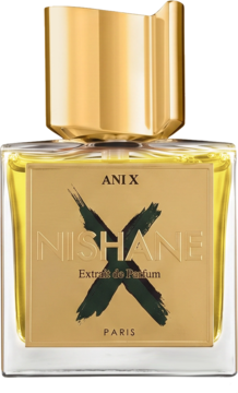 Nishane Ani X Extrait de Parfum unisex w złotej butelce z metalowym korkiem i dużym zielonym 'X' na etykiecie, widok z przodu.