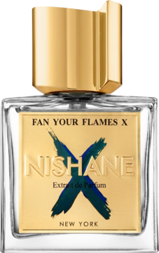 Nishane Fan Your Flames X Extrait de Parfum, luksusowa butelka z przezroczystego szkła, złota etykieta z niebieskim X, widok z przodu.
