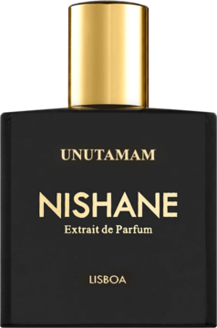 Ciemna butelka Nishane Unutamam Extrait de Parfum ze złotą zakrętką, widok z przodu, złote napisy.