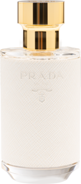Prada La Femme damska woda perfumowana, biała butelka z fakturą saffiano i złotym korkiem, widok z przodu.