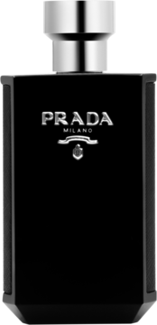 Prada Milano, czarny flakon perfum z metalowym srebrnym korkiem i reliefowym logo. Widok z przodu.