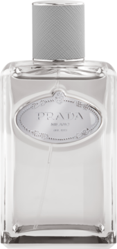 Prada Infusion de Cèdre, woda perfumowana w przezroczystej butelce z srebrną etykietą i szarą, fakturowaną zakrętką, z przodu.
