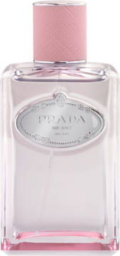 Prada Infusion De Rose woda perfumowana. Szklana butelka z różowym płynem, teksturowany różowy korek i srebrne logo.