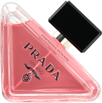 Prada Paradoxe Intense woda perfumowana. Różowy, trójkątny flakon z czarną nakrętką uniesioną nad atomizerem.