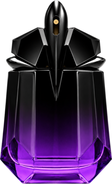 Futurystyczny flakon perfum T.Mugler Alien Extra Intense, fioletowo-czarny gradient, złoty detal na korku.