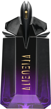 Flakon T.Mugler Alien Extra Intense perfum, czarno-fioletowy gradient z rzeźbioną czarną nakrętką, złoty napis ALIEN.