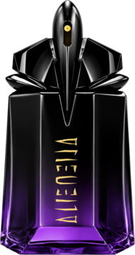 Damska woda perfumowana T.Mugler Alien Extra Intense. Fasetowany, czarno-fioletowy flakon ze złotym napisem.