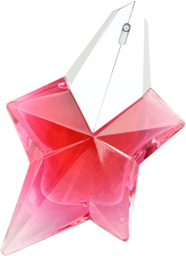 Perfumy Mugler Angel Nova, różowy flakon w kształcie fasetowanej gwiazdy z białym korkiem, widok z przodu.