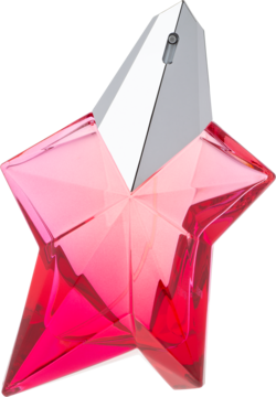 Woda perfumowana w fasetowanej, gwiazdkowej butelce, transparentne różowe szkło, srebrny korek, widok pod kątem.