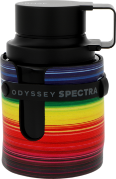 Woda perfumowana Armaf Odyssey Spectra w cylindrycznej butelce z tęczowymi pasami, czarna góra i uchwyt, widok z przodu.