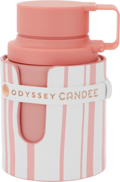 Odyssey Candee damska woda perfumowana, różowa butelka z biało-różowym paskowanym etui, napis na pasku, widok z boku.