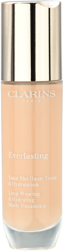 Clarins Everlasting 107C Beige matujący podkład kryjący w szklanej butelce z złotą nakrętką, widok z przodu.