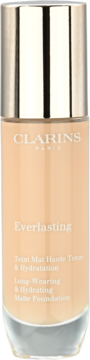 Beżowy podkład matujący Clarins Everlasting w szklanej butelce ze złotą zakrętką, widok z przodu.