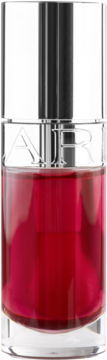 Olejek Clarins Lip Comfort Oil Cherry, rubinowy w szklanej butelce ze srebrną nakrętką i napisem AR.
