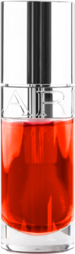 Odżywczy olejek do ust Clarins Lip Comfort Oil Strawberry, butelka z czerwonym płynem i srebrną nakrętką.