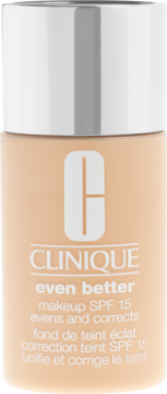 Clinique Even Better podkład w beżowej butelce z srebrną zakrętką, widok z przodu, z napisem SPF 15.