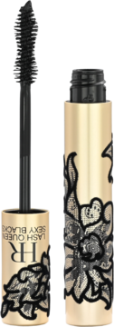 Helena Rubinstein Lash Queen Sexy Blacks mascara w złotej tubce z czarną koronką, z wyjętą szczoteczką.