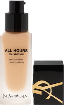 Matujący podkład YSL All Hours w szklanej butelce z pompką, obok czarna nakrętka z logo. Widok z przodu.