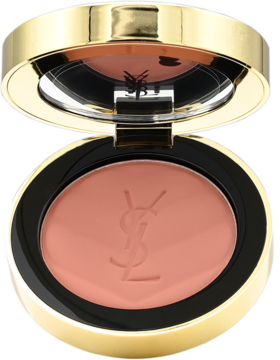 Otwarty złoty kompakt różu Make Me Blush YSL w odcieniu Rose Haze, z wytłoczonym logo, matowy, widok z góry.