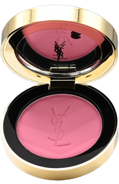 Róż do policzków YSL Make Me Blush Pink Voltage, otwarta złota puderniczka z różowym pudrem i lustrem.