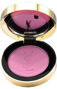 Róż YSL Make Me Blush Babydoll Pink, otwarty złoty kompakt z matowym różem i wytłoczonym logo YSL.