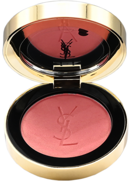 Róż do policzków Make Me Blush YSL Restless Rose, otwarty w złotej puderniczce. Matowy, wodoodporny, z logo.