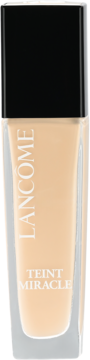 Nawilżający podkład do twarzy Lancôme Teint Miracle, odcień Beige Porcelaine. Szklana butelka z czarną nakrętką, widok z przodu.
