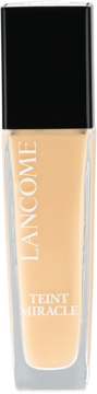 Nawilżający podkład Lancôme Teint Miracle w szklanej butelce, odcień beżowy, czarny korek, widok z przodu.