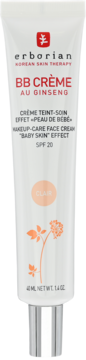 Biała tubka Erborian BB Crème Au Ginseng SPF 20, odcień Clair, z rysunkiem żeń-szenia, widok z przodu.