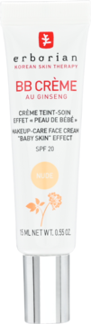 Erborian BB Crème Nude 15ml z SPF 20, biała tubka, makeup-care face cream, widok z przodu.