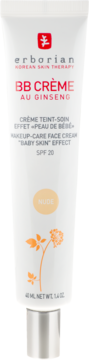 Erborian BB Crème Au Ginseng Nude SPF 20. Biała tuba z czerwonym napisem i pomarańczową grafiką roślinną, widok z przodu.