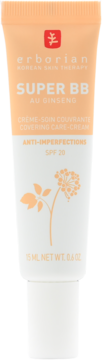 Beżowa tuba Erborian Super BB Au Ginseng SPF 20, krem kryjący anti-imperfections, widok z przodu.