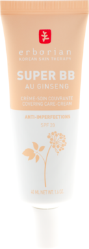 Erborian Super BB Au Ginseng SPF 20, brzoskwiniowo-biała tubka kremu BB, frontalne ujęcie, widoczne liście żeń-szenia.