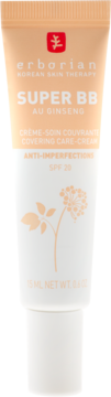 Erborian Super BB krem-pielęgnacja anti-imperfections SPF 20, jasnobeżowa tubka z żeń-szeniem, widok z przodu.