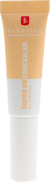 Korektor Erborian Super BB SPF 25 w brzoskwiniowej tubce z białym panelem, widok z przodu, z czerwonym logo.
