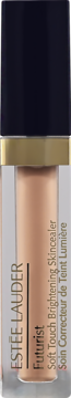 Beżowy korektor Estée Lauder Futurist Soft Touch Skincealer, w przezroczystej tubce ze złotym pierścieniem i czarną zakrętką, widok z przodu.