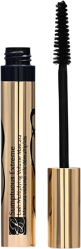 Estée Lauder Sumptuous Extreme mascara w złotej tubie, otwarta z widocznym logiem EL i czarną szczoteczką obok.