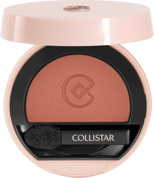 Matowy cień do powiek Collistar Paprika Matte, otwarty beżowy kompakt z czarnym aplikatorem, widok z góry.