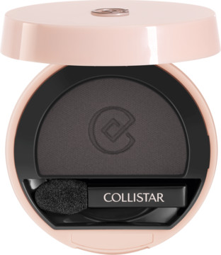 Collistar Smoky Matte, grafitowy cień do powiek w otwartym, beżowo-czarnym opakowaniu z aplikatorem. Widok z góry.
